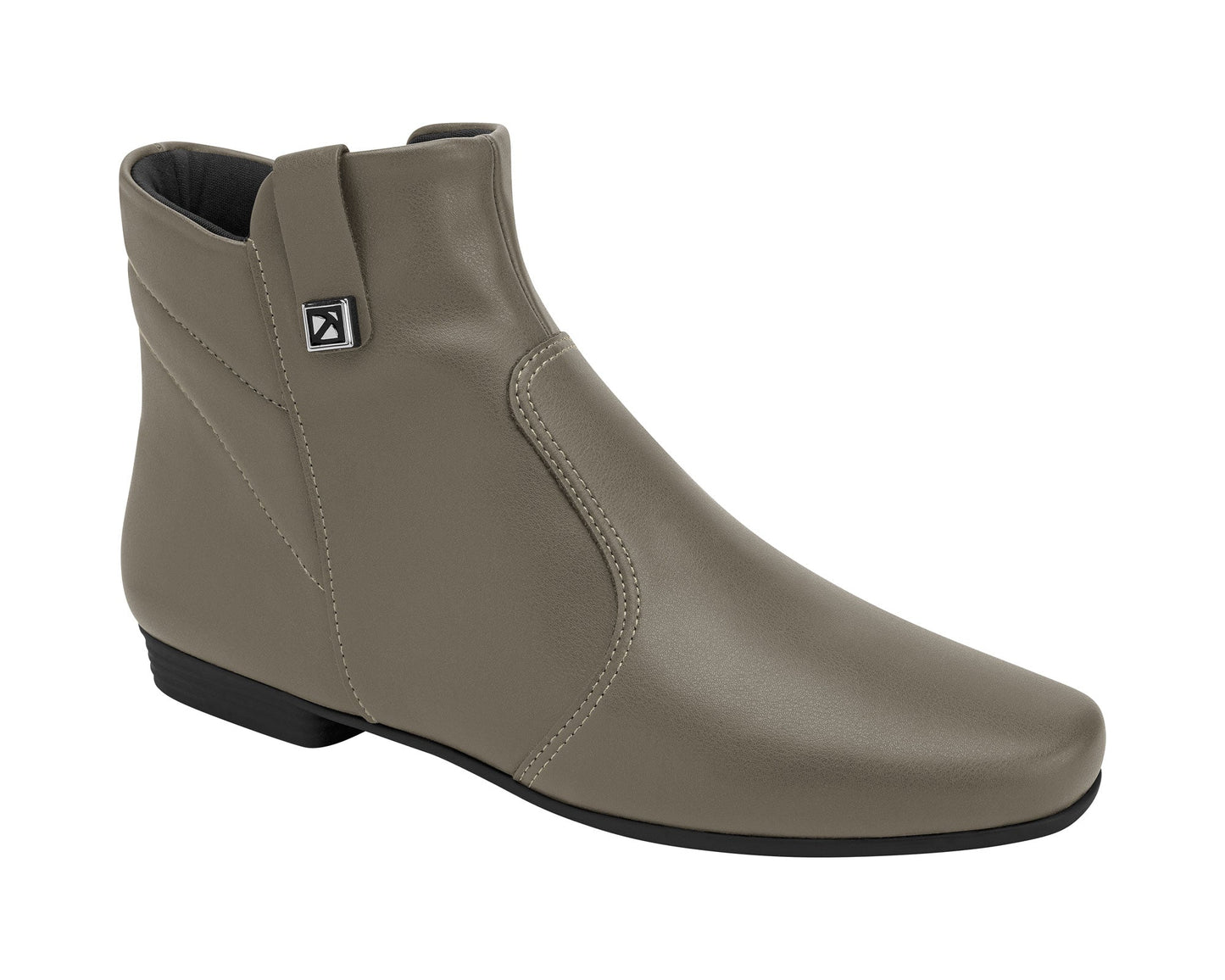 A soft khaki ankle boot with a low heel and a zipper on the side.