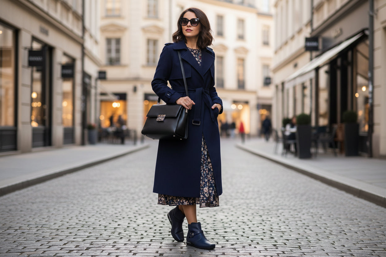 Woman in a navy coat walking down a city street
