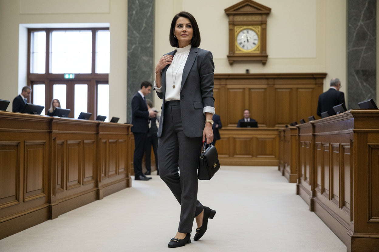 Woman in a formal suit standing in a courtroom