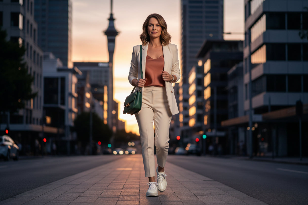 A confident woman in a beige suit strides down a city street at sunset, carrying a green bag and wearing Piccadilly Essential White Sneaker - Croco White (Ref 985009-07), looking determined and stylish against a backdrop of tall buildings.