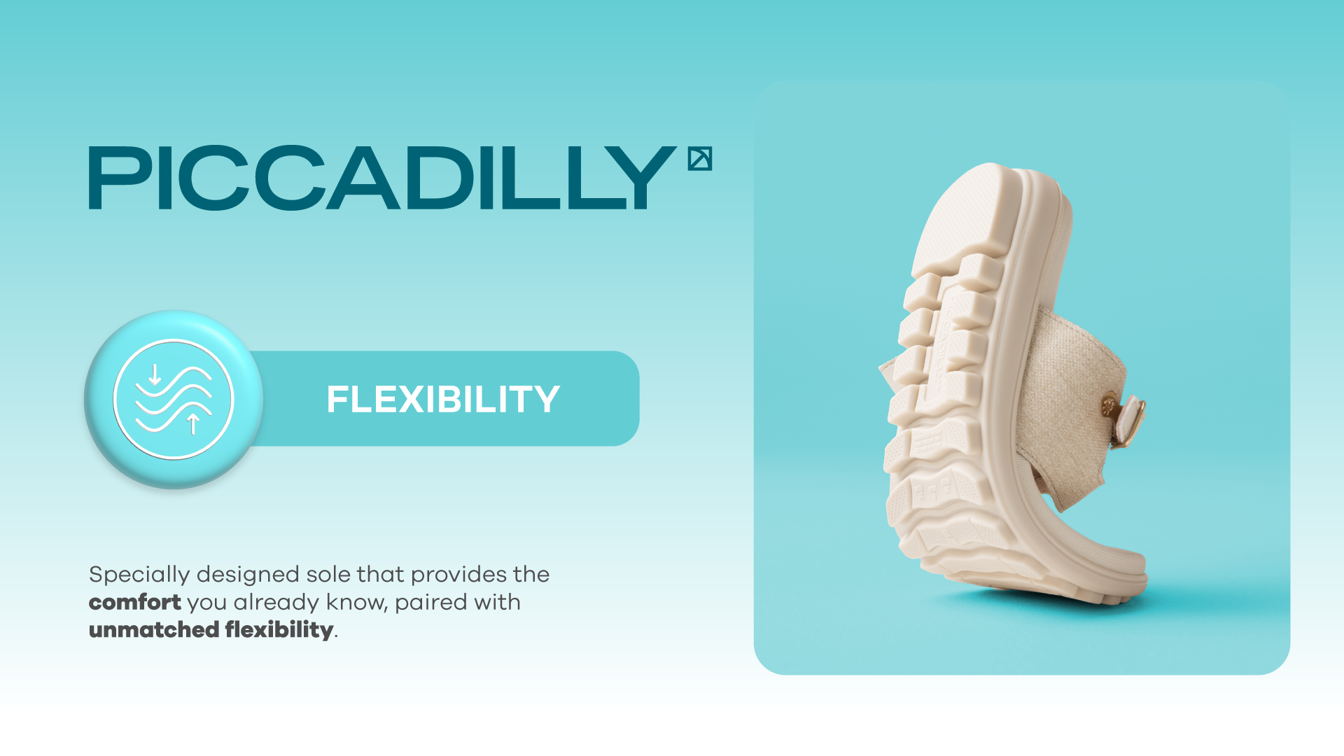 Piccadilly sandal with ultra-flexible sole bending in half. Comfortable walking shoes with specially designed flexible outsole