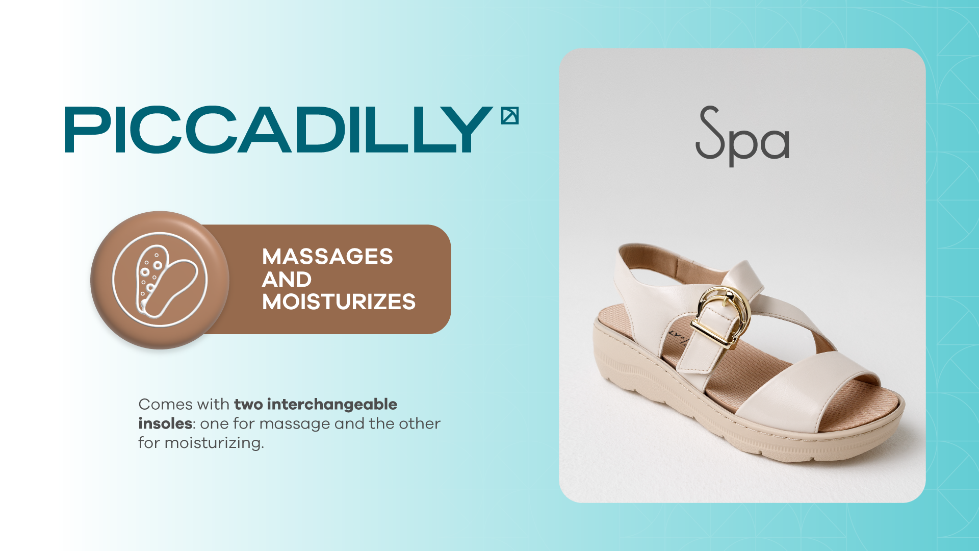 Piccadilly Spa sandal with interchangeable insoles. Features massage and moisturizing technology for dry feet